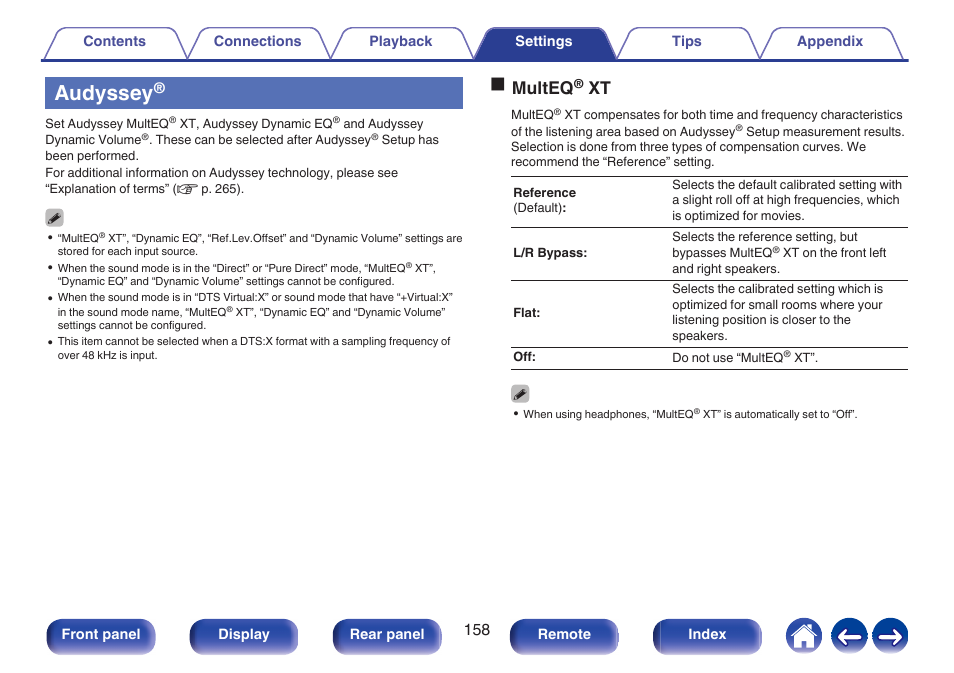 Audyssey, Has been set up, P. 158) | Omulteq | Denon AVR-X1700H 7.2-Channel Network A/V Receiver with HEOS User Manual | Page 158 / 284