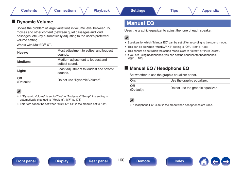 Manual eq, Dynamic volume, P. 160) | Odynamic volume, Omanual eq / headphone eq | Denon AVR-X1700H 7.2-Channel Network A/V Receiver with HEOS User Manual | Page 160 / 284