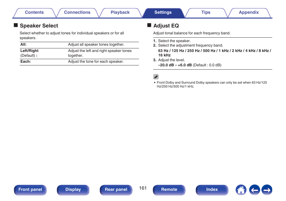 Ospeaker select, Oadjust eq | Denon AVR-X1700H 7.2-Channel Network A/V Receiver with HEOS User Manual | Page 161 / 284