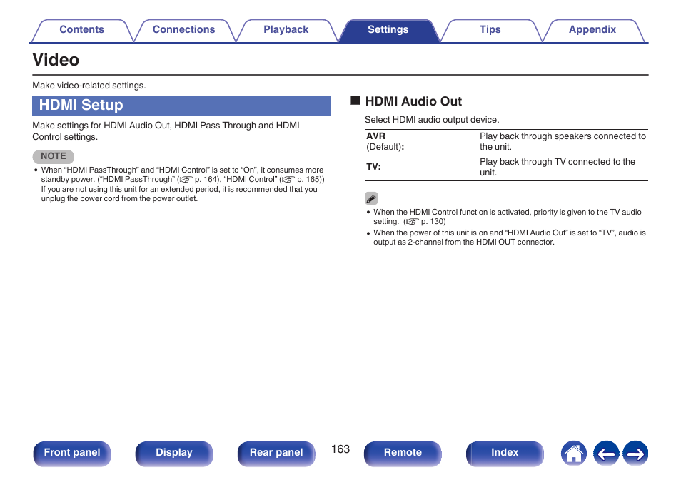 Video, Hdmi setup, To “tv | P. 163), Ohdmi audio out | Denon AVR-X1700H 7.2-Channel Network A/V Receiver with HEOS User Manual | Page 163 / 284
