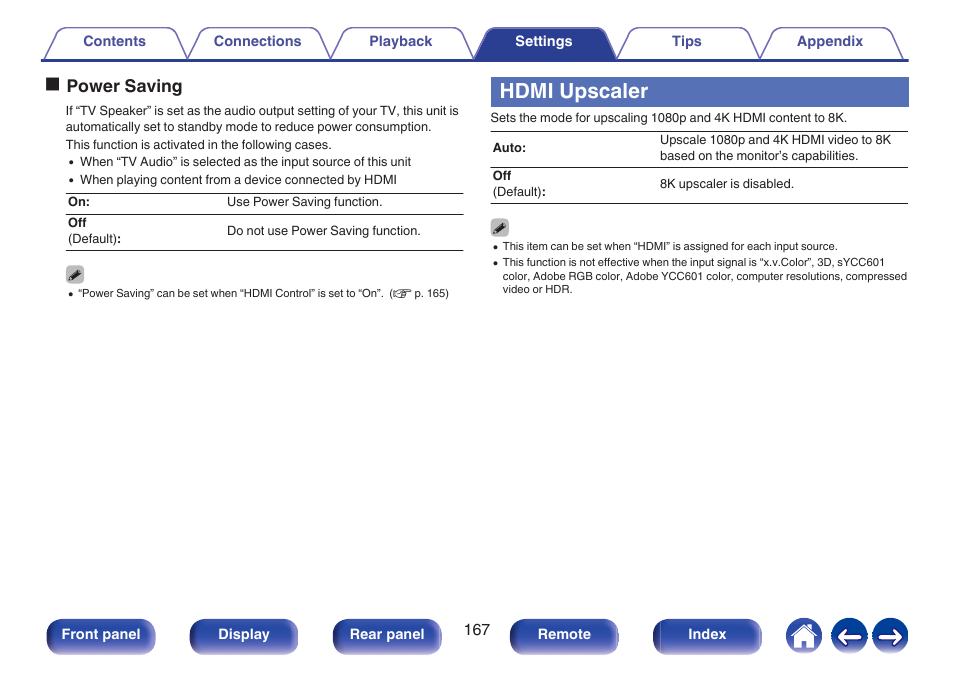 Hdmi upscaler, Opower saving | Denon AVR-X1700H 7.2-Channel Network A/V Receiver with HEOS User Manual | Page 167 / 284