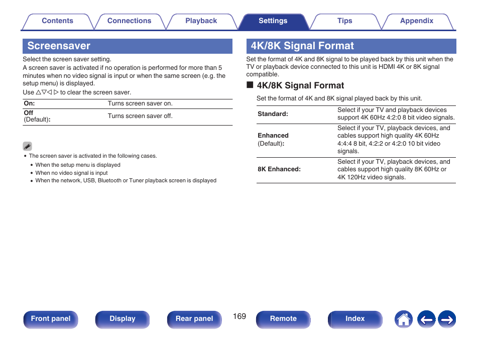 Screensaver, 4k/8k signal format, Video | P. 169), O4k/8k signal format | Denon AVR-X1700H 7.2-Channel Network A/V Receiver with HEOS User Manual | Page 169 / 284