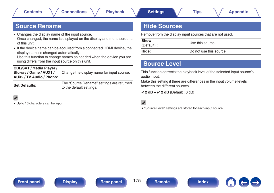 Source rename, Hide sources, Source level | Denon AVR-X1700H 7.2-Channel Network A/V Receiver with HEOS User Manual | Page 175 / 284