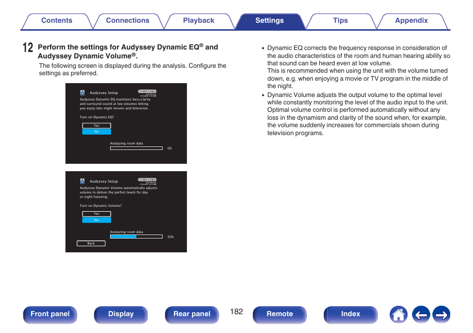 Perform the settings for audyssey dynamic eq, And audyssey dynamic volume, Front panel display rear panel remote index | Denon AVR-X1700H 7.2-Channel Network A/V Receiver with HEOS User Manual | Page 182 / 284