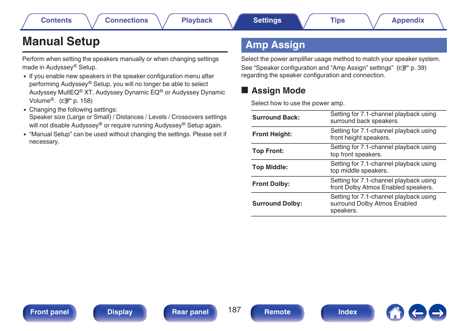 Manual setup, Amp assign, P. 187) | In the menu, To “top front” in the menu, To “front dolby” in the menu, On the menu, P. 187)), Surround dolby” in the “amp assign” settings, Oassign mode | Denon AVR-X1700H 7.2-Channel Network A/V Receiver with HEOS User Manual | Page 187 / 284