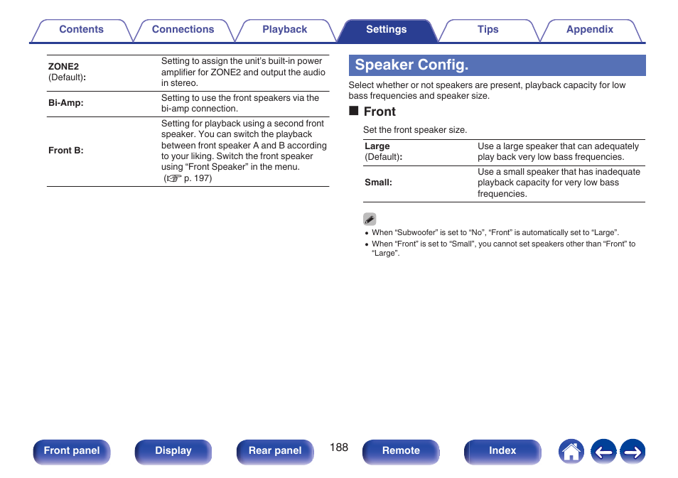 Speaker config, To “bi-amp” in the menu, P. 188) | In the menu, To “zone2” in the menu, Ofront | Denon AVR-X1700H 7.2-Channel Network A/V Receiver with HEOS User Manual | Page 188 / 284