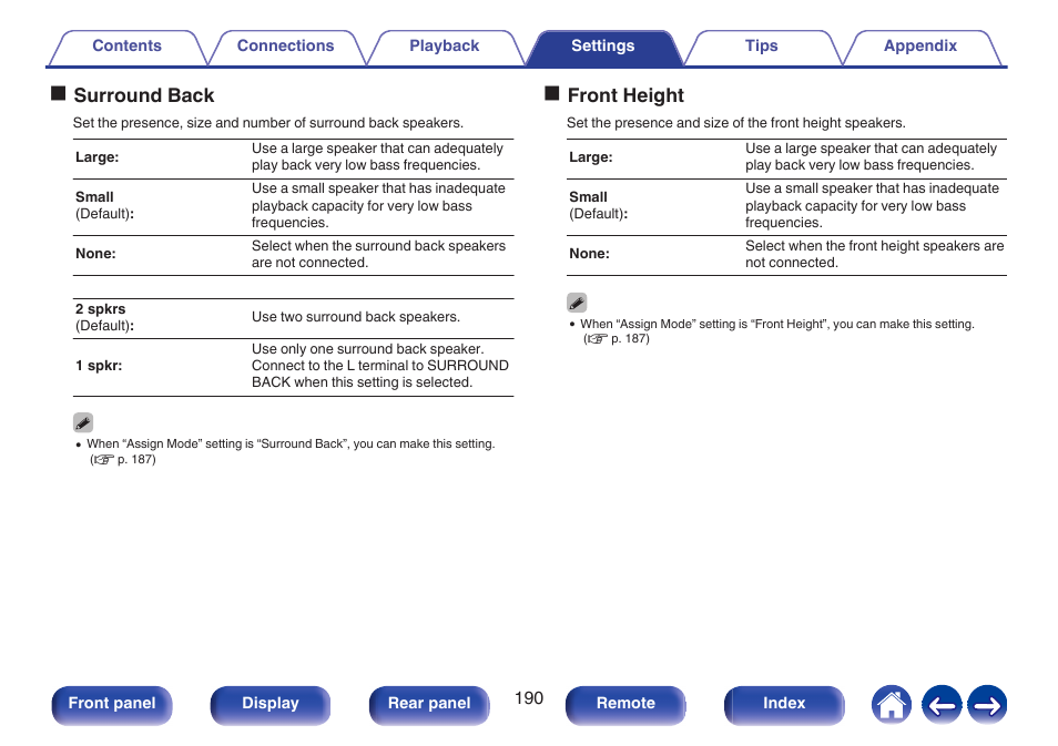 Speakers, P. 190), Is not set to “none | Osurround back, Ofront height | Denon AVR-X1700H 7.2-Channel Network A/V Receiver with HEOS User Manual | Page 190 / 284
