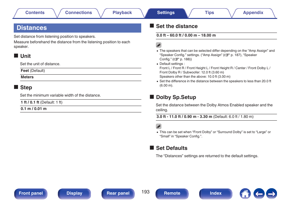 Distances, Ounit, Ostep | Oset the distance, Odolby sp.setup, Oset defaults | Denon AVR-X1700H 7.2-Channel Network A/V Receiver with HEOS User Manual | Page 193 / 284