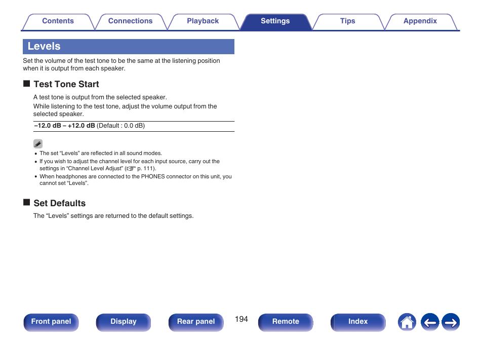 Levels, Menu settings, P. 194) | Otest tone start, Oset defaults | Denon AVR-X1700H 7.2-Channel Network A/V Receiver with HEOS User Manual | Page 194 / 284