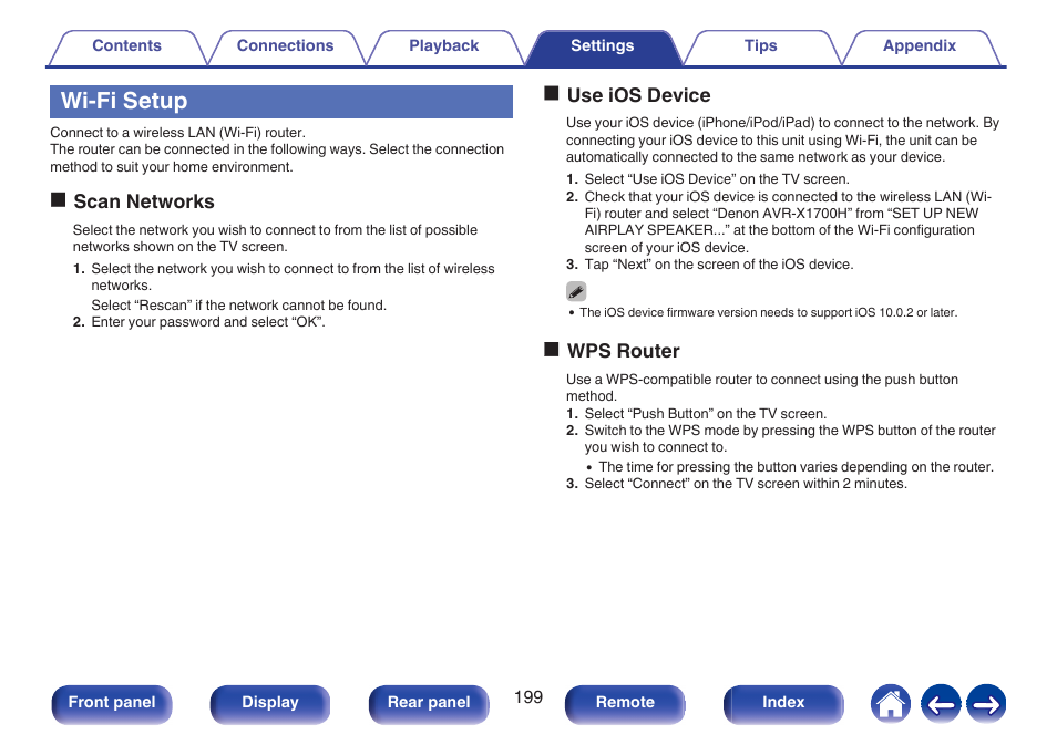 Wi-fi setup, P. 199), Fi)” and configure the “wi-fi setup | Oscan networks, Ouse ios device, Owps router | Denon AVR-X1700H 7.2-Channel Network A/V Receiver with HEOS User Manual | Page 199 / 284