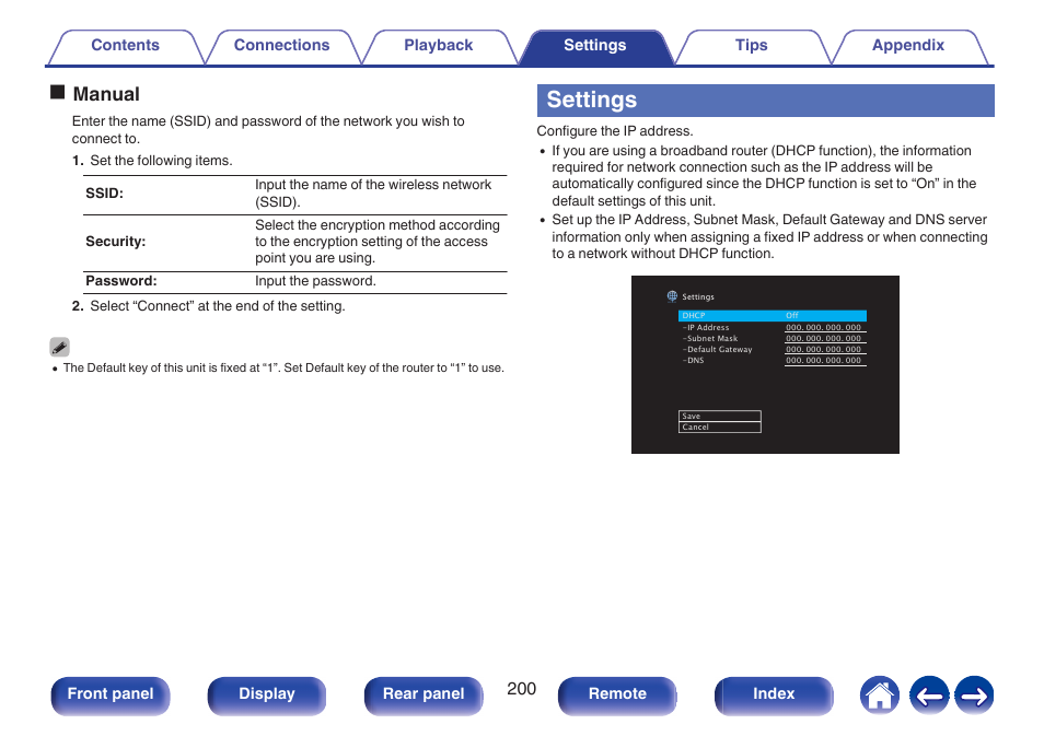 Settings, Omanual | Denon AVR-X1700H 7.2-Channel Network A/V Receiver with HEOS User Manual | Page 200 / 284