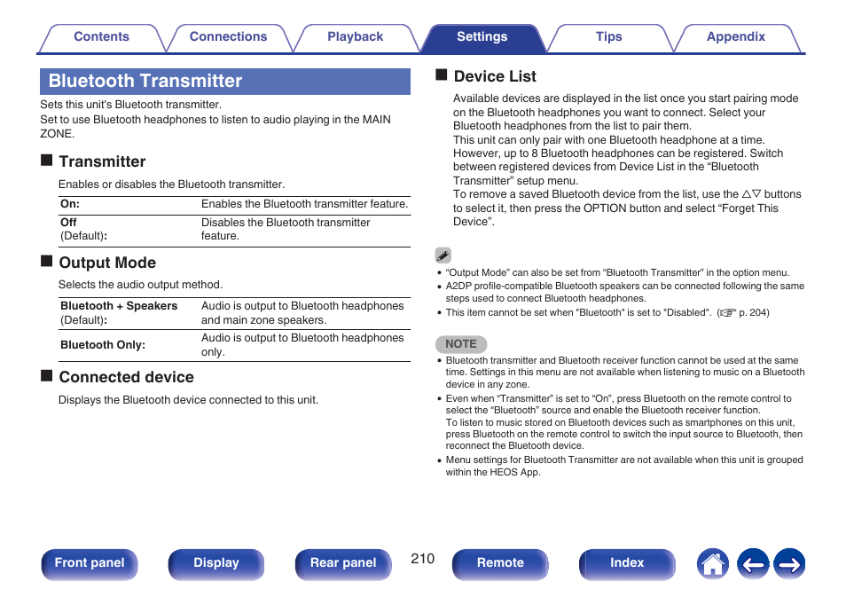 Bluetooth transmitter, P. 210), Bluetooth transmitter” in the menu | Transmitter” to off, Otransmitter, Ooutput mode, Oconnected device, Odevice list | Denon AVR-X1700H 7.2-Channel Network A/V Receiver with HEOS User Manual | Page 210 / 284