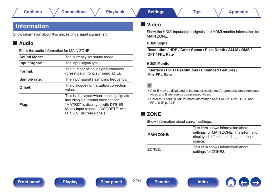 Information, Oaudio, Ovideo | Ozone | Denon AVR-X1700H 7.2-Channel Network A/V Receiver with HEOS User Manual | Page 216 / 284