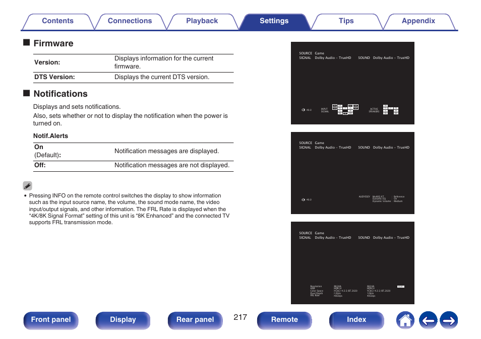 P. 217), Ofirmware, Onotifications | Front panel display rear panel remote index | Denon AVR-X1700H 7.2-Channel Network A/V Receiver with HEOS User Manual | Page 217 / 284