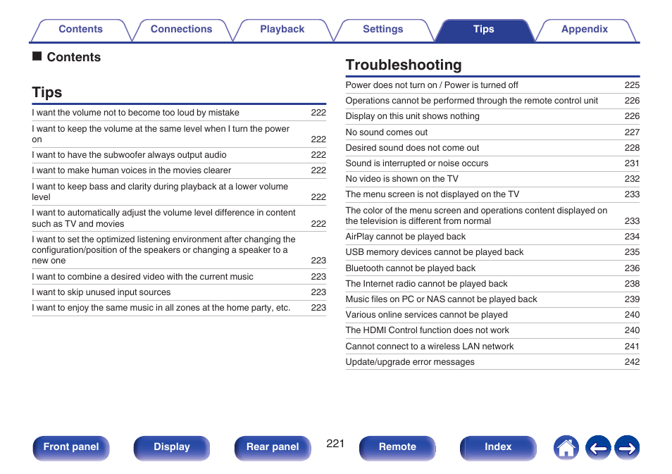 Tips, Troubleshooting, Ocontents | Denon AVR-X1700H 7.2-Channel Network A/V Receiver with HEOS User Manual | Page 221 / 284