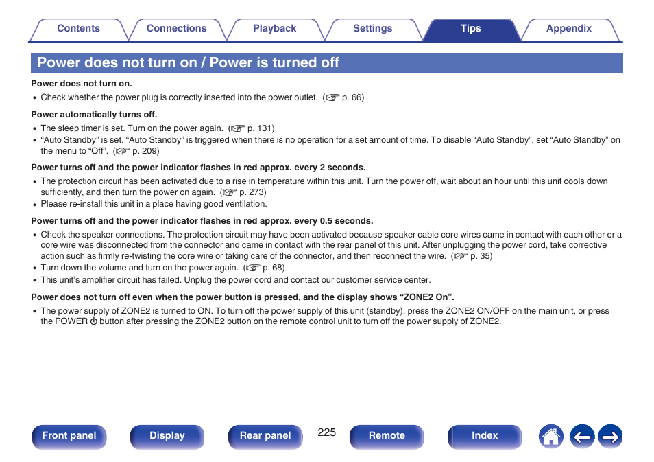 Power does not turn on / power is turned off | Denon AVR-X1700H 7.2-Channel Network A/V Receiver with HEOS User Manual | Page 225 / 284