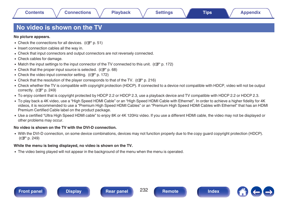 No video is shown on the tv | Denon AVR-X1700H 7.2-Channel Network A/V Receiver with HEOS User Manual | Page 232 / 284