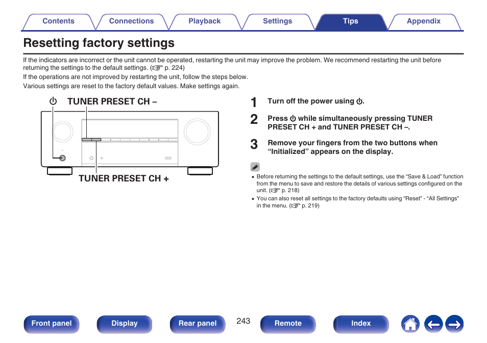 Resetting factory settings, Factory settings | Denon AVR-X1700H 7.2-Channel Network A/V Receiver with HEOS User Manual | Page 243 / 284