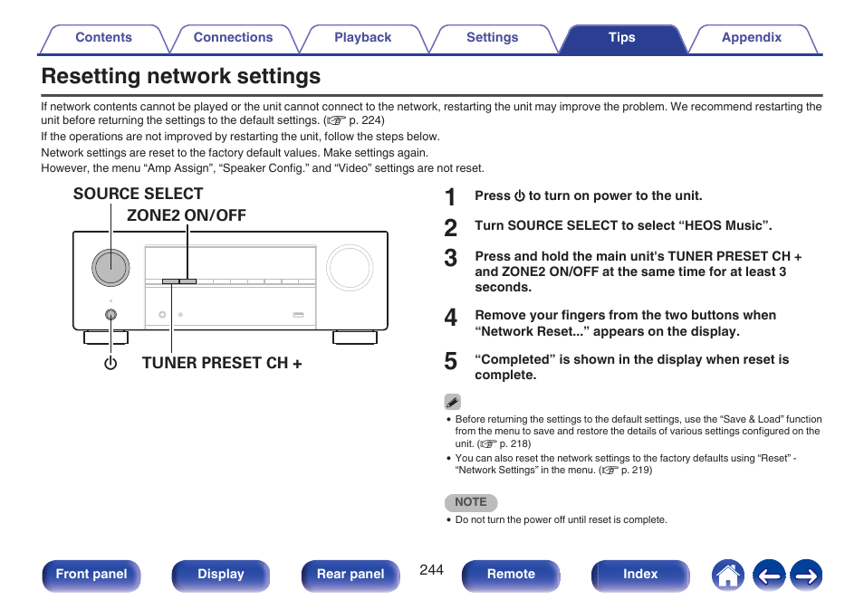 Resetting network settings, P. 244) | Denon AVR-X1700H 7.2-Channel Network A/V Receiver with HEOS User Manual | Page 244 / 284