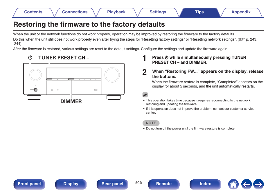 Restoring the firmware to the factory defaults | Denon AVR-X1700H 7.2-Channel Network A/V Receiver with HEOS User Manual | Page 245 / 284