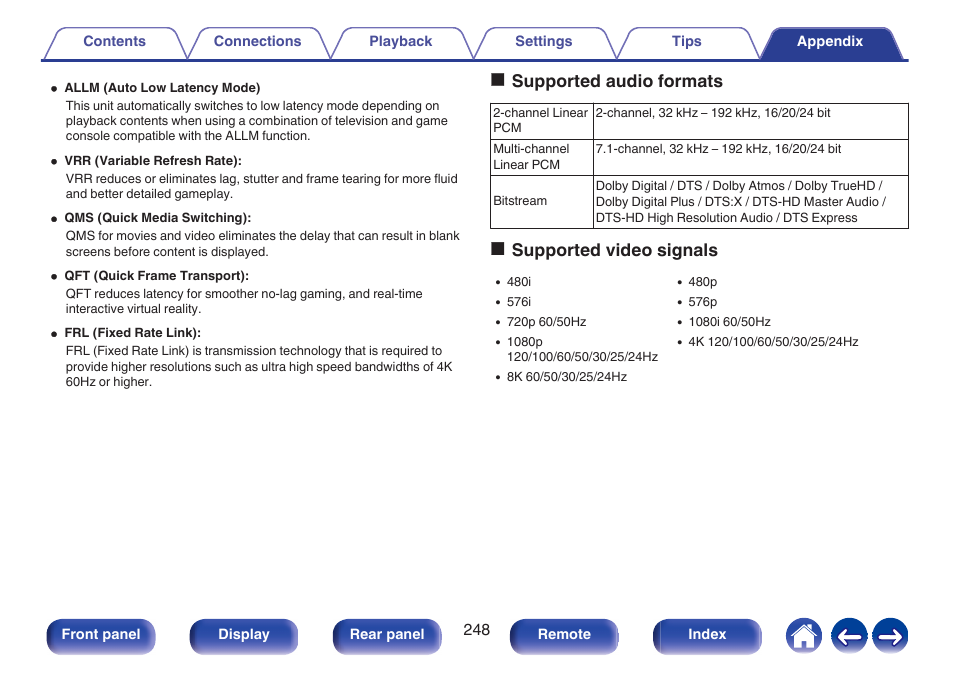 P. 248), Osupported audio formats, Osupported video signals | Denon AVR-X1700H 7.2-Channel Network A/V Receiver with HEOS User Manual | Page 248 / 284