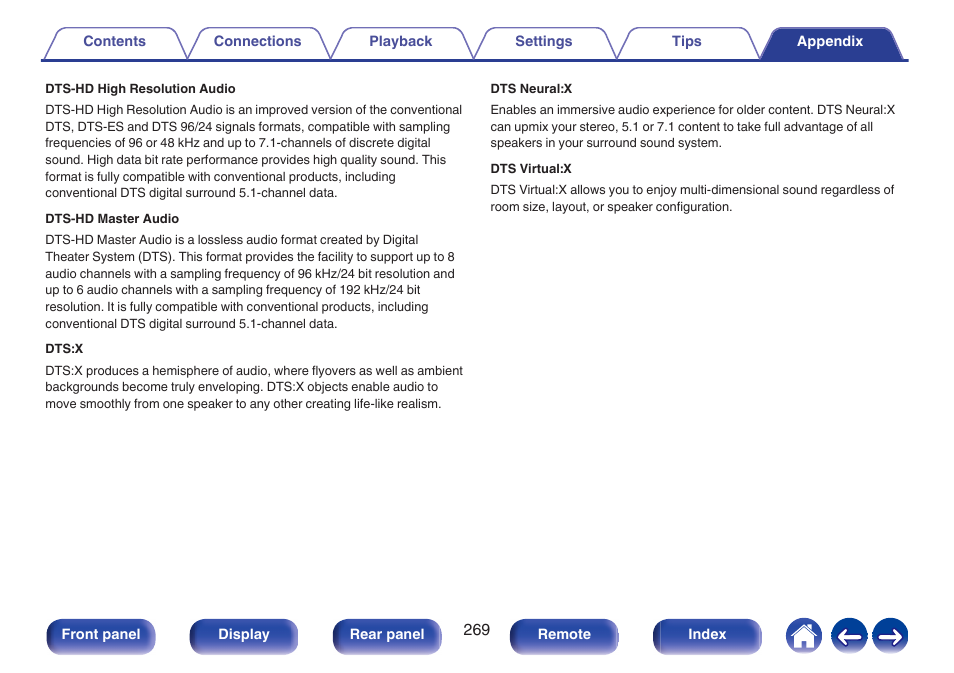 Dts:x, P. 269), Dts virtual:x | Denon AVR-X1700H 7.2-Channel Network A/V Receiver with HEOS User Manual | Page 269 / 284