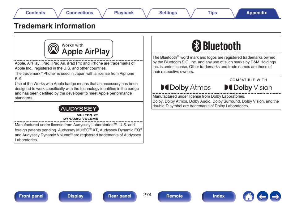 Trademark information | Denon AVR-X1700H 7.2-Channel Network A/V Receiver with HEOS User Manual | Page 274 / 284