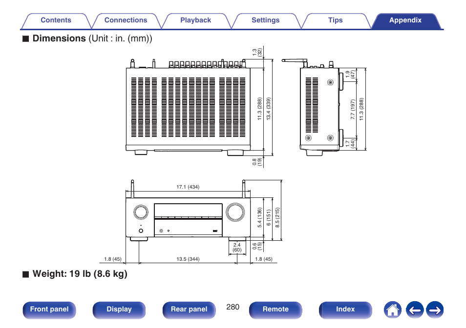 Dimensions (unit : in. (mm)), Weight: 19 lb (8.6 kg) | Denon AVR-X1700H 7.2-Channel Network A/V Receiver with HEOS User Manual | Page 280 / 284