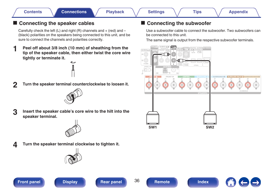 Connecting the subwoofer, P. 36), Oconnecting the speaker cables | Oconnecting the subwoofer | Denon AVR-X1700H 7.2-Channel Network A/V Receiver with HEOS User Manual | Page 36 / 284