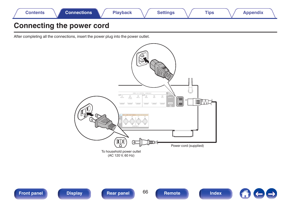 Connecting the power cord, Used to connect the power cord, P. 66) | Denon AVR-X1700H 7.2-Channel Network A/V Receiver with HEOS User Manual | Page 66 / 284