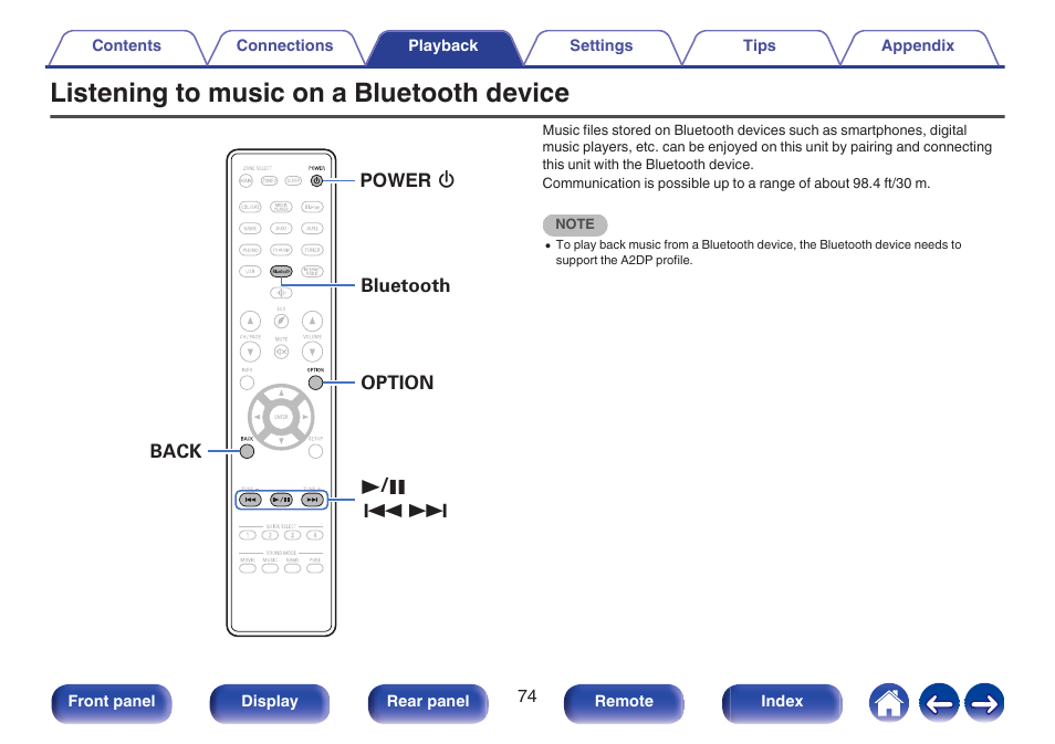 Listening to music on a bluetooth device, P. 74) | Denon AVR-X1700H 7.2-Channel Network A/V Receiver with HEOS User Manual | Page 74 / 284