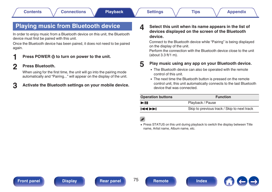 Playing music from bluetooth device | Denon AVR-X1700H 7.2-Channel Network A/V Receiver with HEOS User Manual | Page 75 / 284