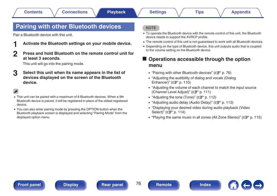 Pairing with other bluetooth devices, Ooperations accessible through the option menu | Denon AVR-X1700H 7.2-Channel Network A/V Receiver with HEOS User Manual | Page 76 / 284