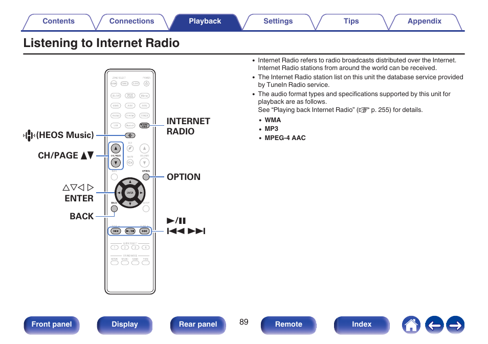 Listening to internet radio | Denon AVR-X1700H 7.2-Channel Network A/V Receiver with HEOS User Manual | Page 89 / 284