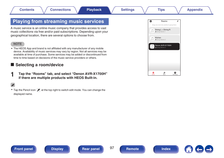 Playing from streaming music services, Oselecting a room/device | Denon AVR-X1700H 7.2-Channel Network A/V Receiver with HEOS User Manual | Page 97 / 284