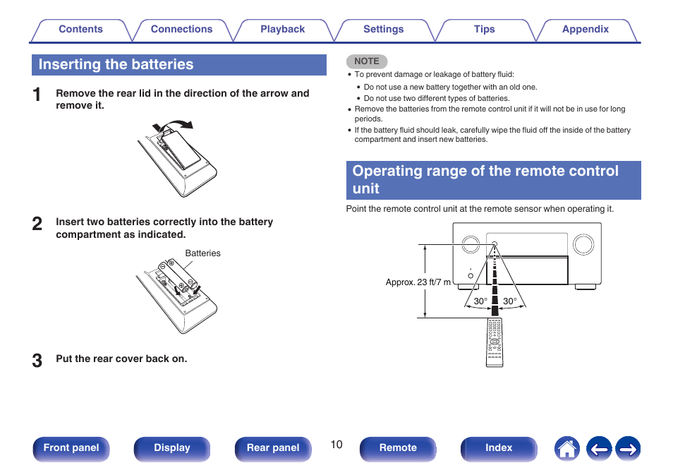 Inserting the batteries, Operating range of the remote control unit | Denon AVR-A1H 15.4-Channel Network A/V Receiver User Manual | Page 10 / 353