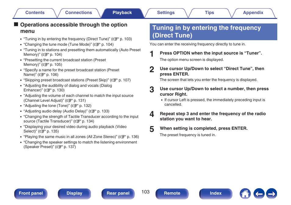 Tuning in by entering the frequency (direct tune), Ooperations accessible through the option menu | Denon AVR-A1H 15.4-Channel Network A/V Receiver User Manual | Page 103 / 353