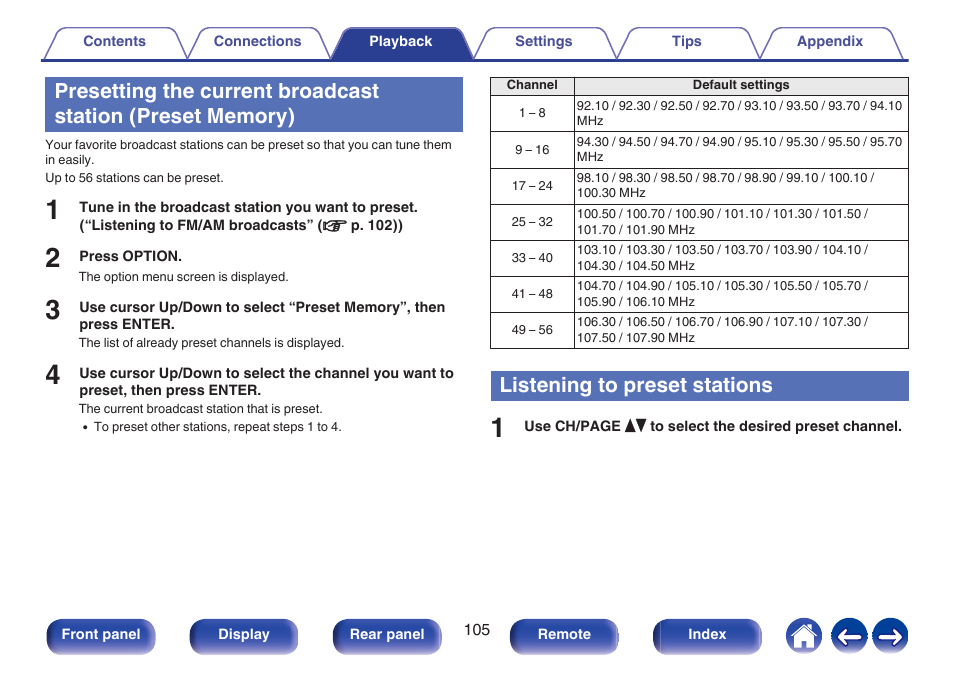 Listening to preset stations, P. 105), Presetting the current broadcast station (preset | Memory) | Denon AVR-A1H 15.4-Channel Network A/V Receiver User Manual | Page 105 / 353