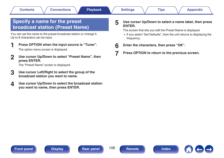 Name), P. 106) | Denon AVR-A1H 15.4-Channel Network A/V Receiver User Manual | Page 106 / 353