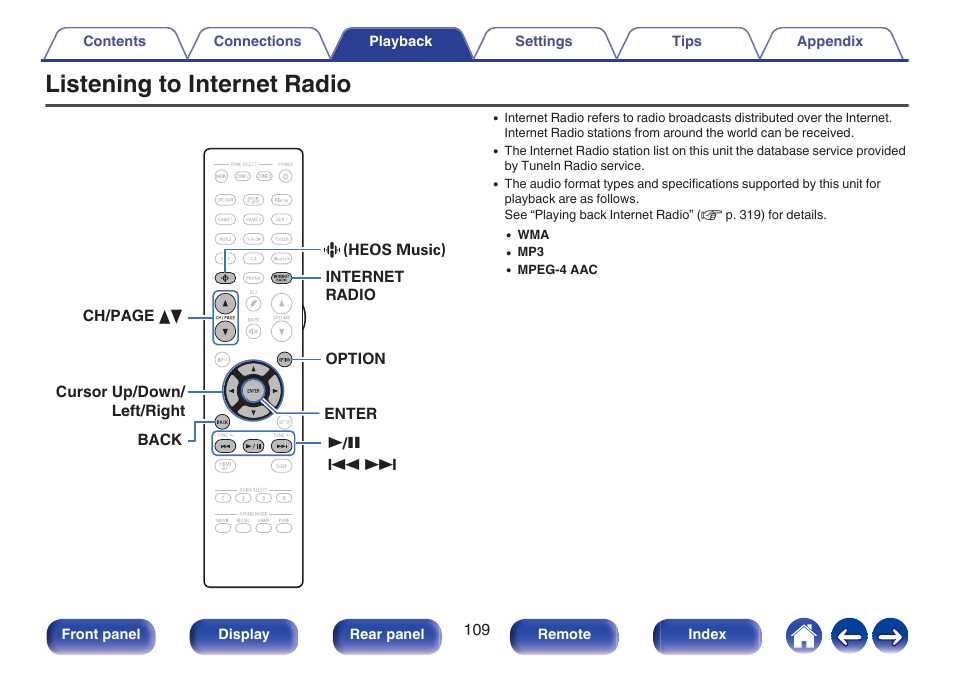 Listening to internet radio | Denon AVR-A1H 15.4-Channel Network A/V Receiver User Manual | Page 109 / 353