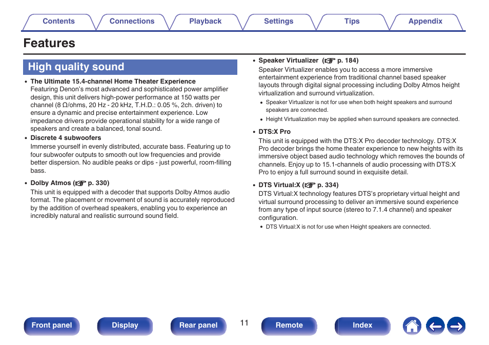 Features, High quality sound | Denon AVR-A1H 15.4-Channel Network A/V Receiver User Manual | Page 11 / 353