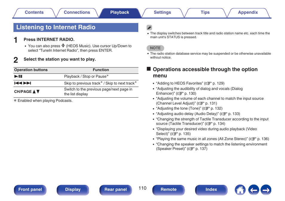Listening to internet radio, Ooperations accessible through the option menu | Denon AVR-A1H 15.4-Channel Network A/V Receiver User Manual | Page 110 / 353