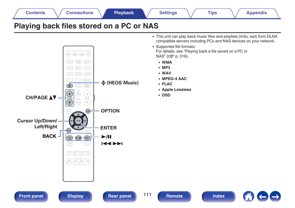 Playing back files stored on a pc or nas | Denon AVR-A1H 15.4-Channel Network A/V Receiver User Manual | Page 111 / 353