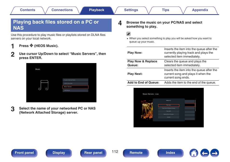 Playing back files stored on a pc or nas | Denon AVR-A1H 15.4-Channel Network A/V Receiver User Manual | Page 112 / 353