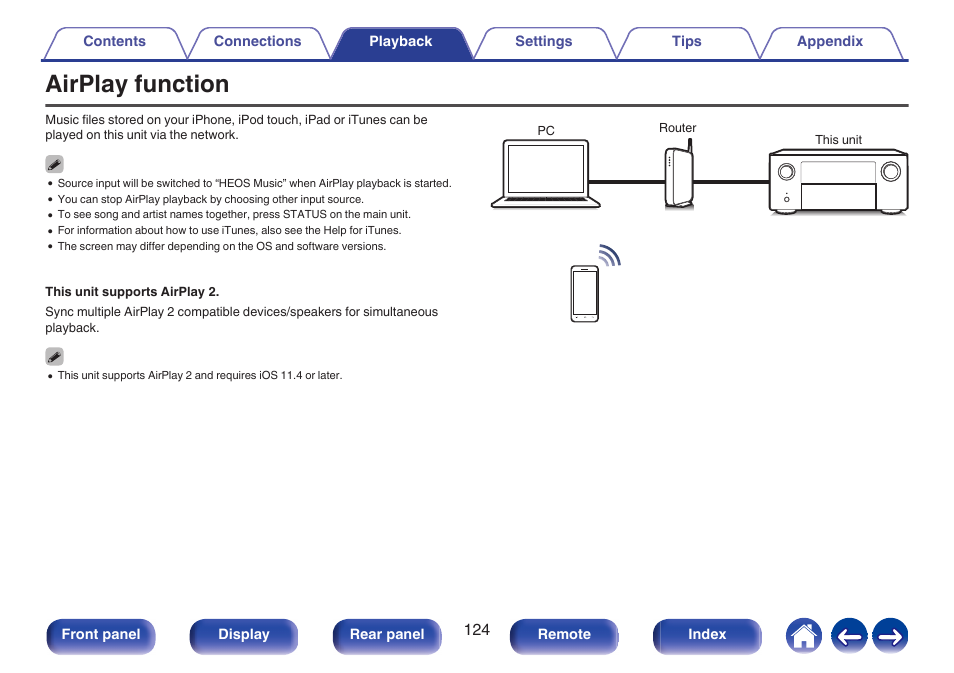 Airplay function, Network functions such as internet radio etc, P. 124) | Denon AVR-A1H 15.4-Channel Network A/V Receiver User Manual | Page 124 / 353