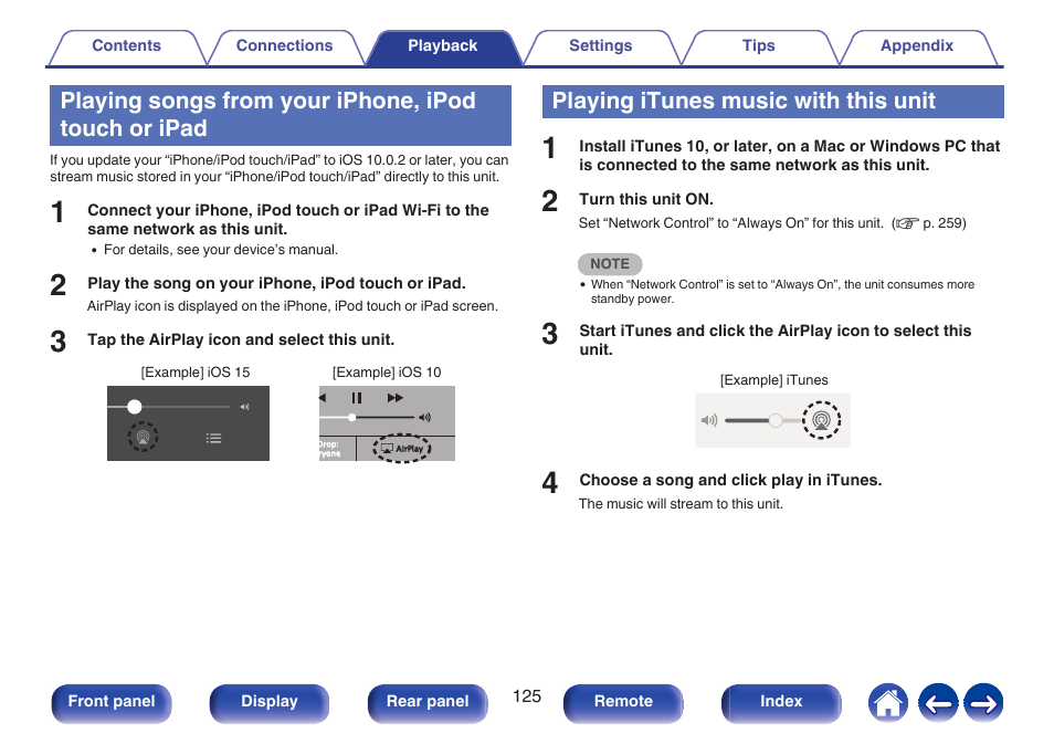 Playing songs from your iphone, ipod touch or ipad, Playing itunes music with this unit | Denon AVR-A1H 15.4-Channel Network A/V Receiver User Manual | Page 125 / 353