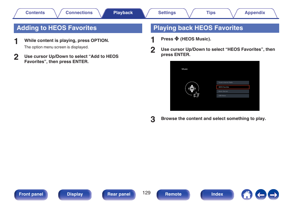 Adding to heos favorites, Playing back heos favorites, Adding to | Heos favorites, P. 129) | Denon AVR-A1H 15.4-Channel Network A/V Receiver User Manual | Page 129 / 353