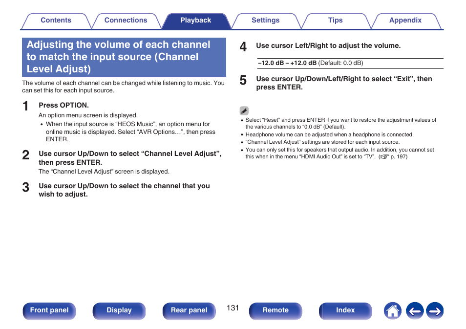 Channel level adjust), P. 131) | Denon AVR-A1H 15.4-Channel Network A/V Receiver User Manual | Page 131 / 353