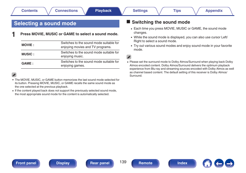 Selecting a sound mode, Oswitching the sound mode | Denon AVR-A1H 15.4-Channel Network A/V Receiver User Manual | Page 139 / 353