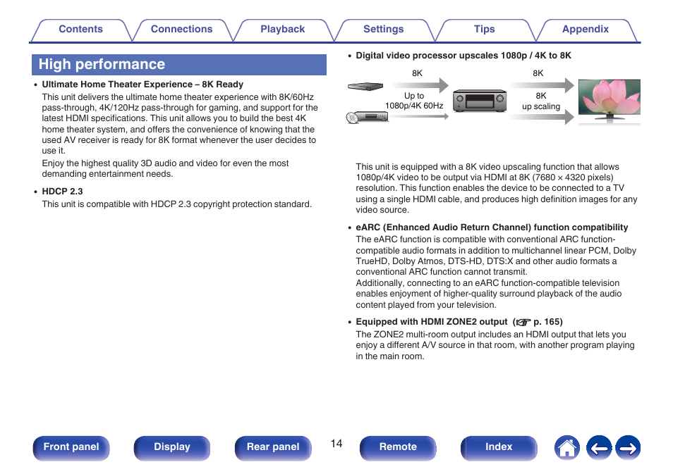 High performance, 8k ultra hd | Denon AVR-A1H 15.4-Channel Network A/V Receiver User Manual | Page 14 / 353